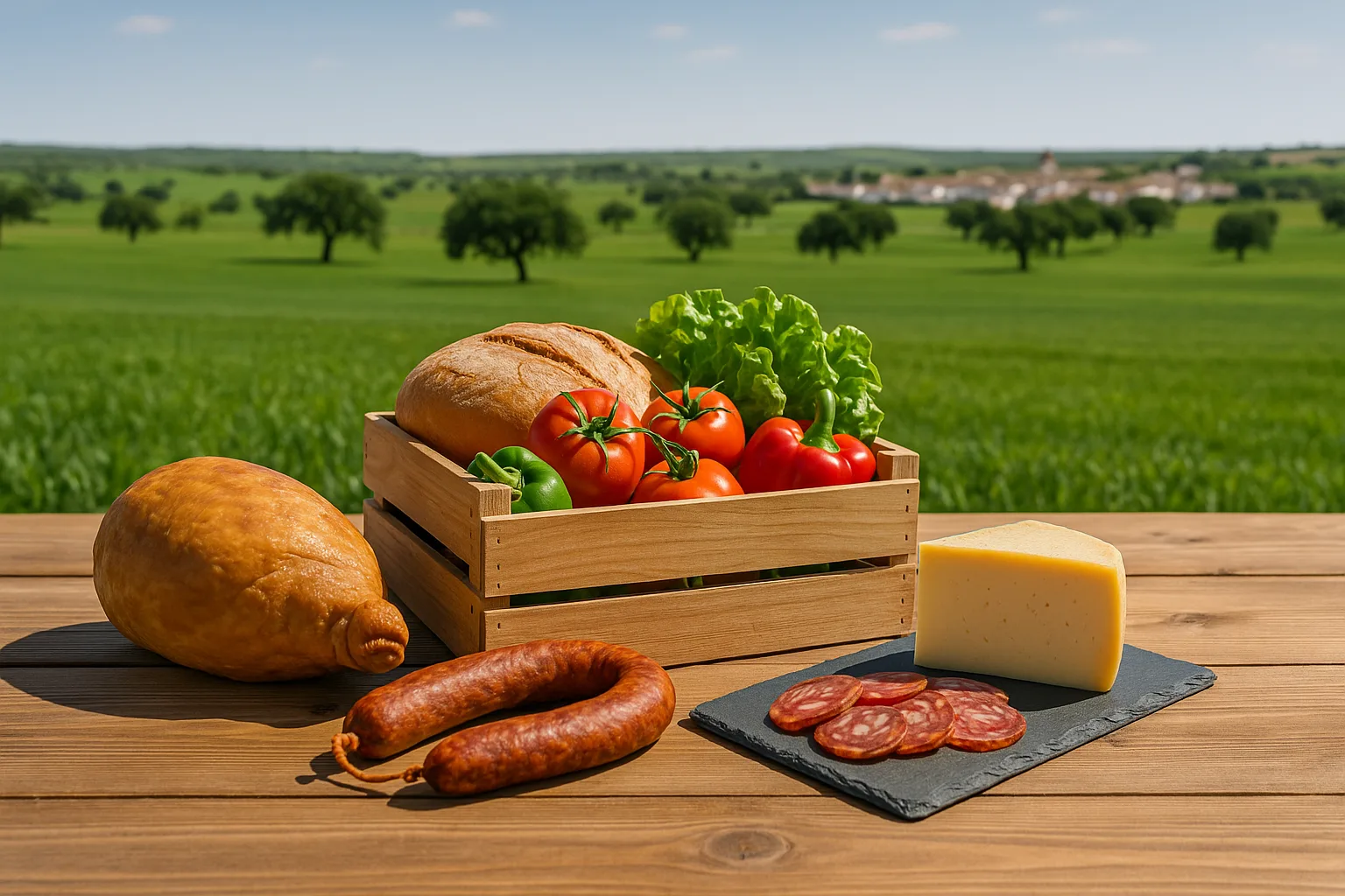 Productos artesanales de la Ganadería Los Castillos Fernández Lancharro: queso, chorizo, jamón, pan y verduras frescas del campo andaluz, listos para la venta directa del productor al consumidor.
